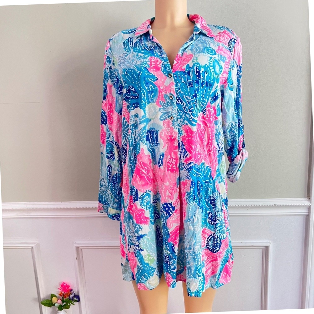 Lilly Pulitzer Dress Medium Blue Pink Coral Button Down Tunic Coastal Old Money - Picture 2 of 14